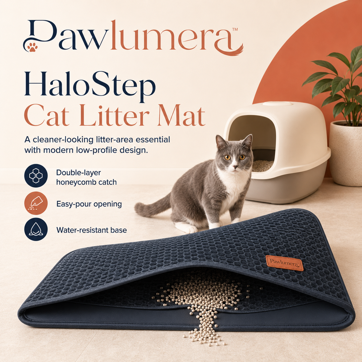 Pawlumera™ HaloStep Cat Litter Mat – Double-Layer Honeycomb Litter Catcher with Foldable Water-Resistant Base and Easy-Pour Opening