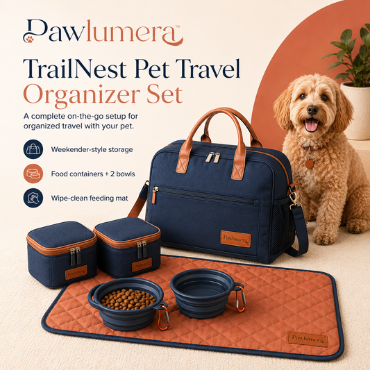 Pawlumera™ TrailNest Dog and Cat Travel Bag – Pet Supply Weekender Organizer with Food Containers, Collapsible Bowls and Wipe-Clean Feeding Mat
