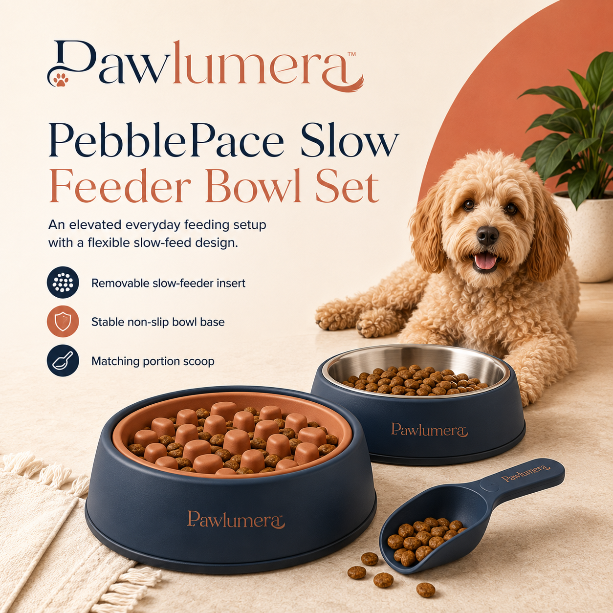 Pawlumera™ PebblePace Slow Feeder Dog Bowl Set – Removable Textured Silicone Insert, Non-Slip Pet Food Bowl and Matching Portion Scoop