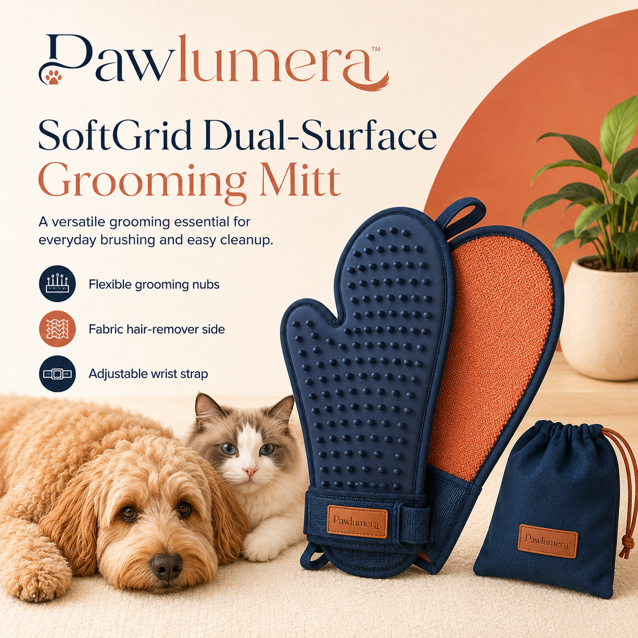 Pawlumera™ SoftGrid Dual-Surface Pet Grooming Mitt – Flexible Dog and Cat Deshedding Glove, Fabric Hair Remover Side and Storage Pouch