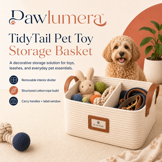 Pawlumera™ TidyTail Pet Toy Storage Basket – Structured Cotton Rope Dog and Cat Toy Bin with Removable Divider, Carry Handles and Label Window