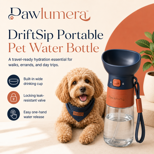 Pawlumera™ DriftSip Portable Pet Water Bottle – Leak-Resistant Dog Travel Water Dispenser with Wide Drinking Cup, Locking Valve and Carry Strap