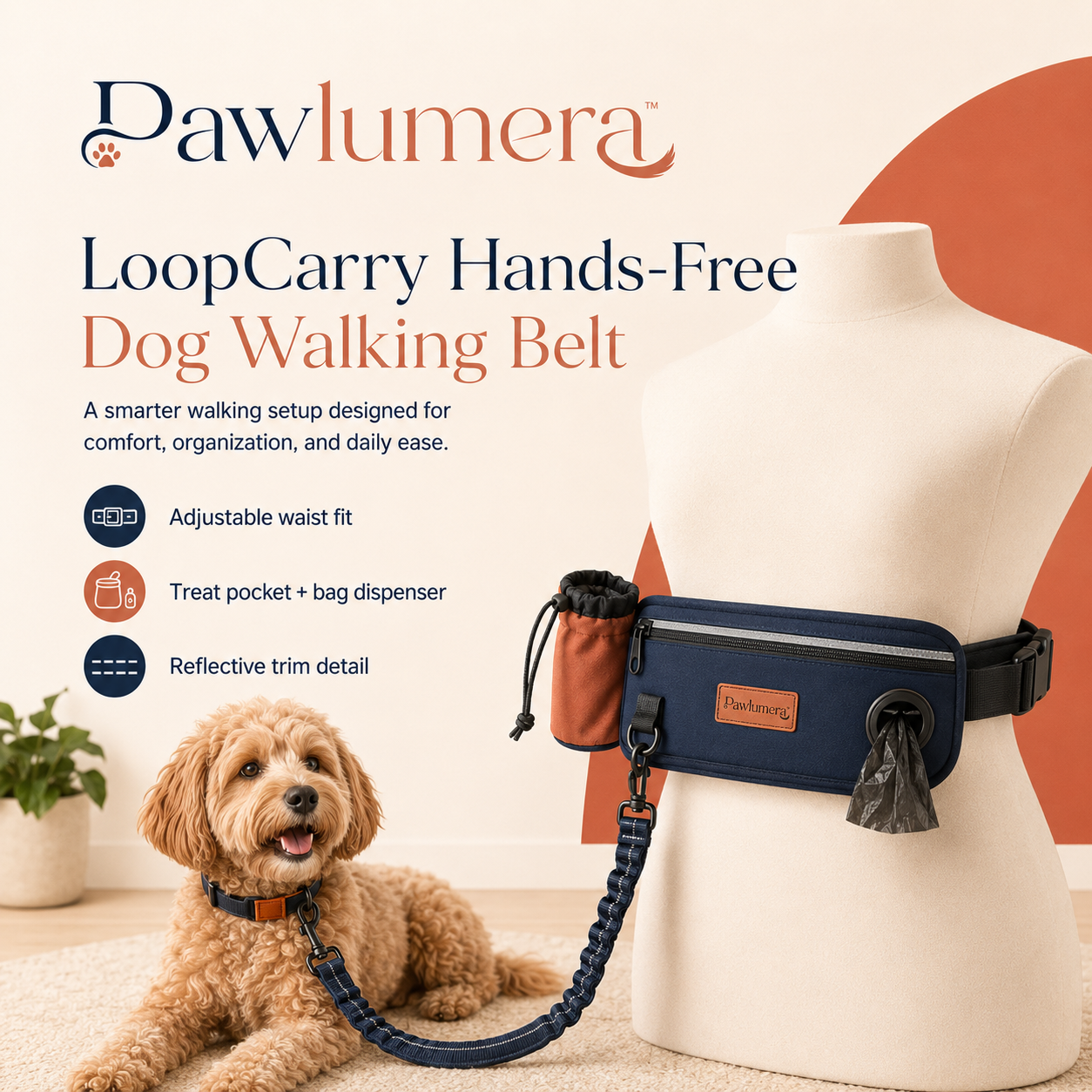 Pawlumera™ LoopCarry Hands-Free Dog Walking Belt – Adjustable Waist Leash System with Treat Pocket, Waste Bag Dispenser and Reflective Trim